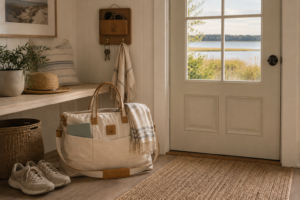 Coastal mudroom with a beach tote, journal, blanket, walking shoes, and organized essentials prepared by the door, representing creating support before it’s needed.