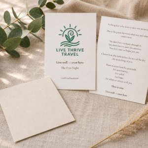 First Night message card, personalized blank note card, and Live Thrive Travel keepsake card included with every First Night Gift for housewarming, college move-ins, new homes, and life transitions.