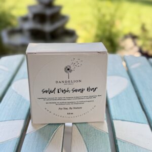 Dandelion Naturals solid dish soap bar with lemon, rosemary, and basil essential oils included in the First Night Gift Collection.