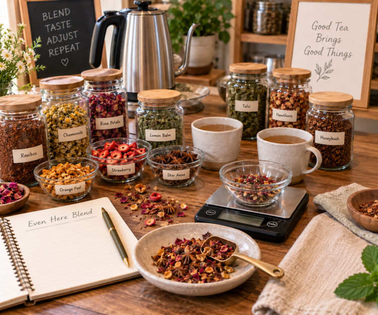 Tea blending setup with herbal ingredients, tasting cups, hot water kettle, scale, notebook, and loose leaf tea